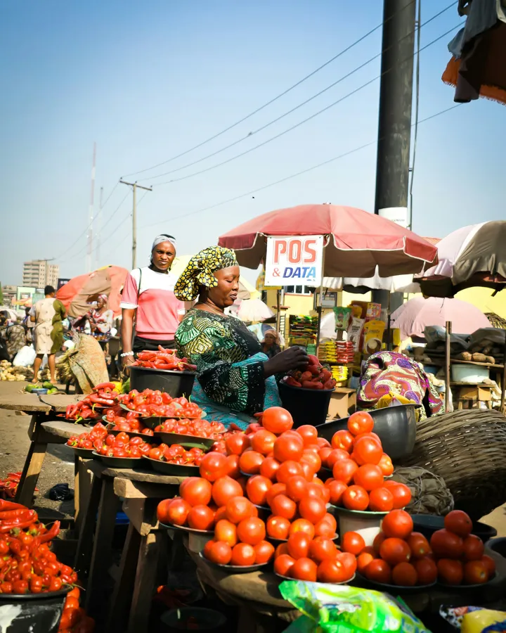 A busy tomato market under a POS and data sign.